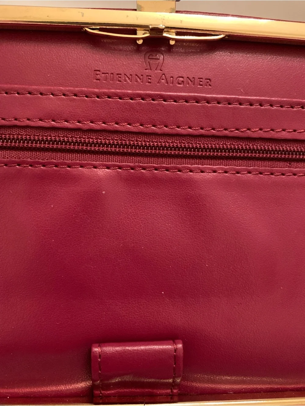 Vintage Etienne Aigner Beige Logo-Print Clutch with Navy & Burgundy Accents